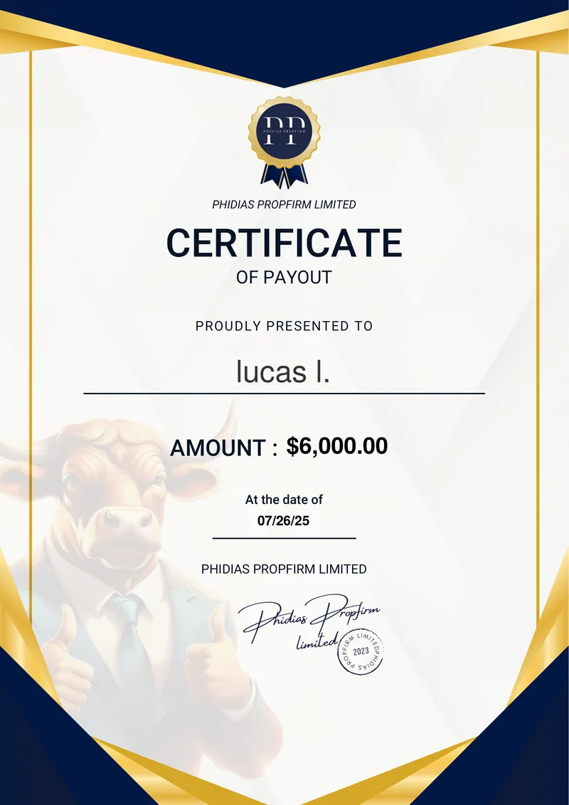 Certificat payout Phidias Propfirm $6,000 — Lucas I. — 26 juillet 2025