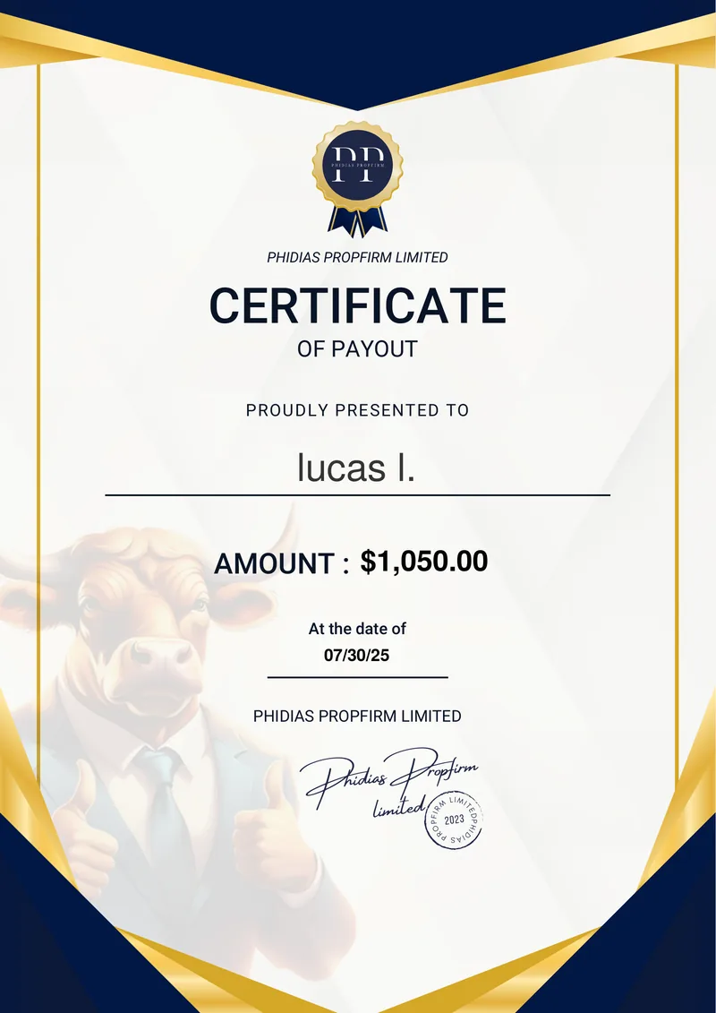 Certificat payout Phidias Propfirm $1,050 — Lucas I. — 30 juillet 2025